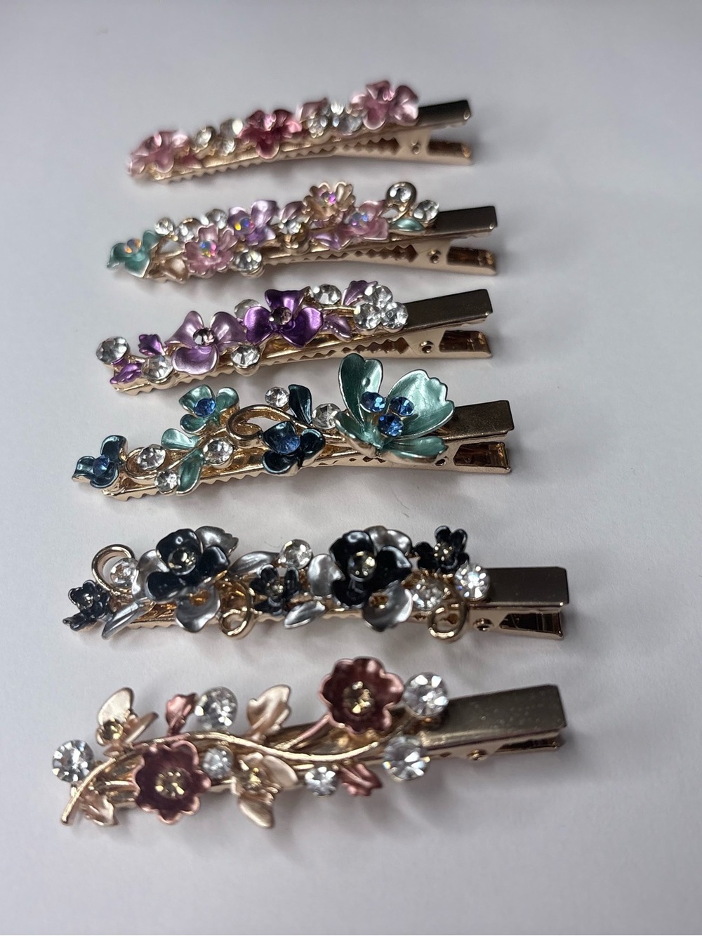Gold Floral Rhinestone Hair Clips Set of 6 Korea Enamel Alligator Barrettes